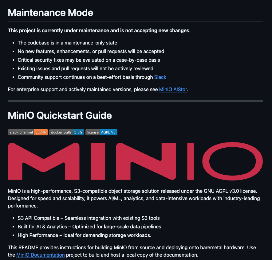 MinIOがメンテナンスモードへ
github.com/minio/minio