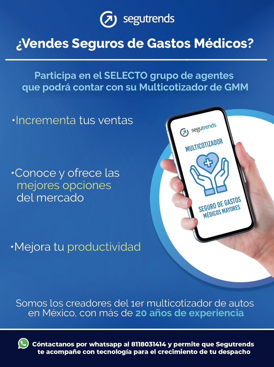 SeguTrends's tweet image. De los creadores del 1er multicotizador de autos en #México para #AgentesDeSeguros, se de los primeros con tu multicotizador de #GMM

Contáctanos por #Whatsapp al 8118031414
#Segutrends #Insurtech #Seguros