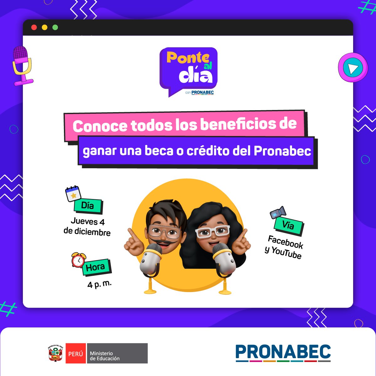 🎥✨ ¡Mañana no te puedes perder #PonteAlDía con #Pronabec! 💬 En este nuevo episodio te contaremos TODOS los beneficios adicionales que reciben los beneficiarios de nuestras becas y créditos educativos. 🎓💙

🗓️ Jueves 4 de diciembre
⏰ A partir de las 4 p. m.
🎥 #EnVivo