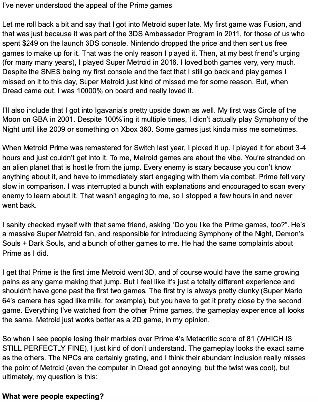 Some thoughts on the Metroid Prime 4 discourse