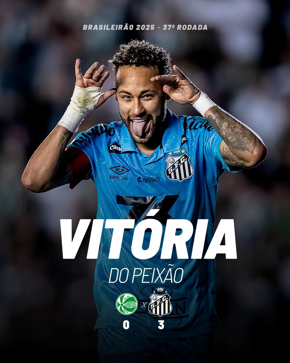 SantosFC's tweet image. FINAL DE JOGO E VITÓRIA DO PEIXÃO! ⚪⚫

Com atuação histórica de Neymar Jr, Santos vence o Juventude por 3 a 0, com hat-trick do Príncipe, e conquista um resultado crucial para subir na tabela. AQUI É SANTOS!