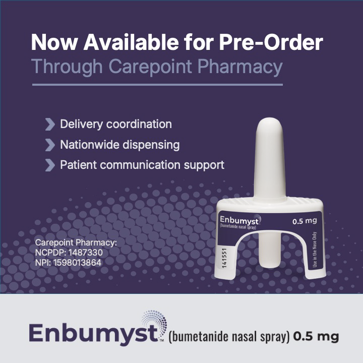EsqueBen's tweet photo. Corstasis Therapeutics is pleased to announce that Enbumyst™
(bumetanide nasal spray) is now available for pre-order
through Carepoint Pharmacy and is now searchable on most Erx platforms.

Carepoint is now accepting e-prescriptions for Enbumyst and provides nationwide dispensing services.
For full ordering instructions — including EMR search
guidance, required prescription details, NDC, quantity
options, and optional prior authorization information —
access the step-by-step Carepoint Ordering Guide here:
👉https://t.co/PxVGWEoScD

Learn more about ENBUMYST, including potential risks, at https://t.co/oGPcyWyPij

#Biotech #SpecialtyPharmacy #HealthcareOperations
#CHF #homeiswheretheheartis 
@bkolskk @EricAdler17 @FudimMarat @AHajduczok @Murmur_MD  @dranulala @DrAmirKaki @AndrewPAmbrosy @NavinKapur4 @BurkhoffMd @aidanraneymd @jefftylermd @joewalshmd @Abraham_Jacob