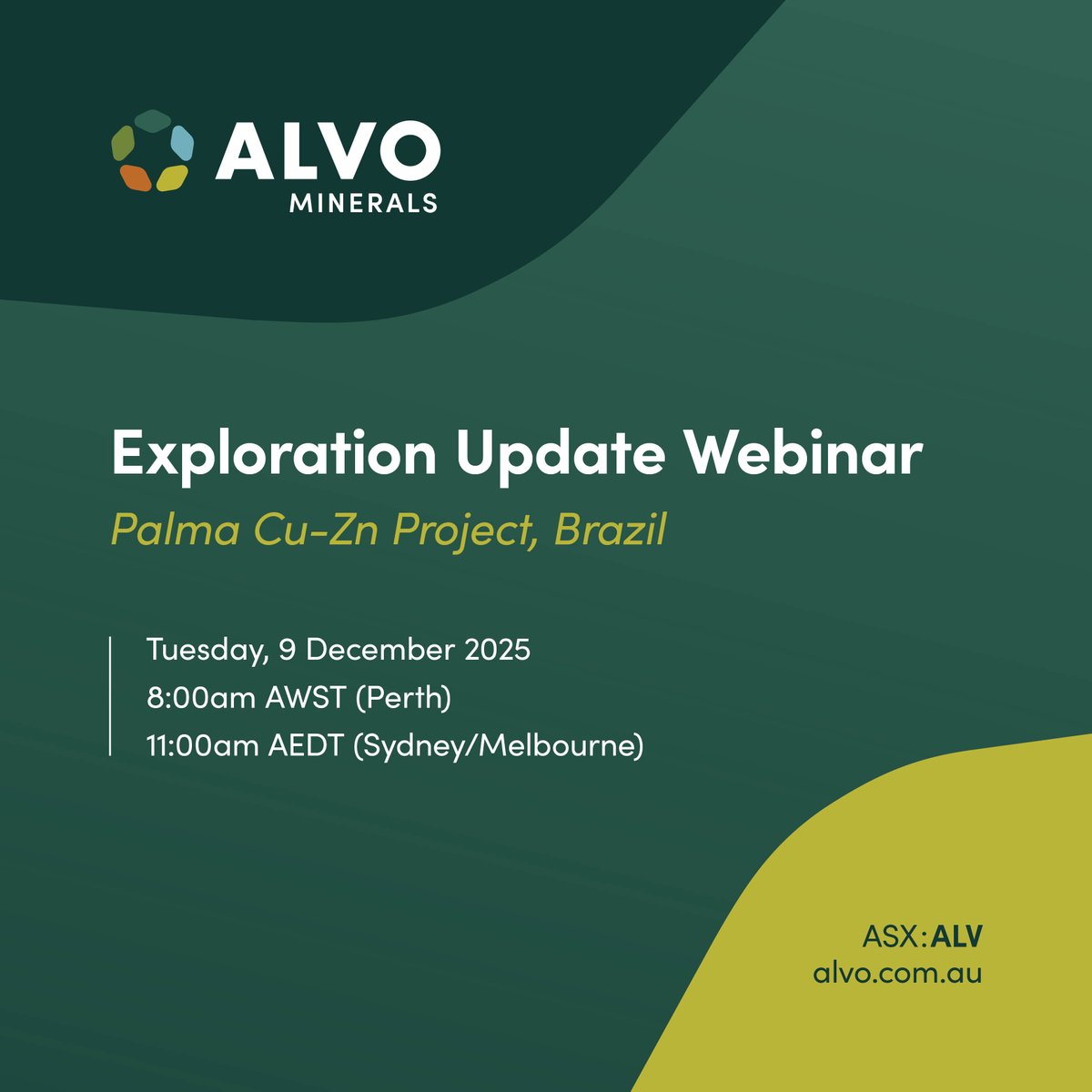 #ASXNews

$ALV.AX invites shareholders and investors to a webinar hosted by MD, Rob Smakman. The webinar will provide an update on planned #exploration activities for the Palma Project, incl details of the recent discovery at the Touro Prospect.

Register: loom.ly/JzQ4tno