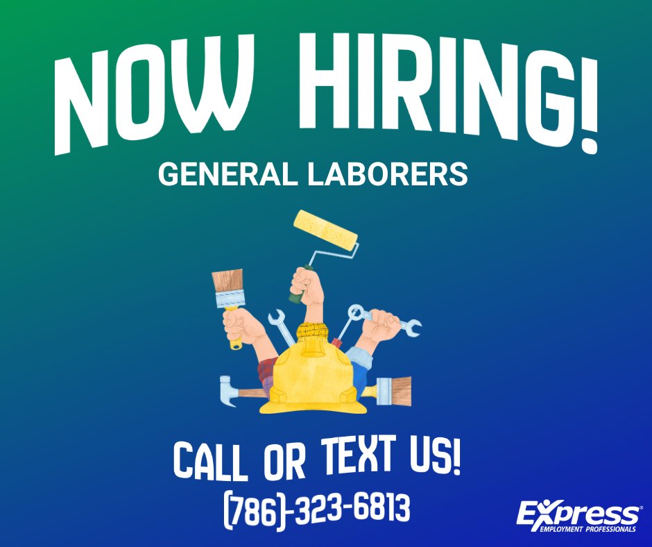 Looking for General Laborers in Kendall/Homestead!
💰 Pay: $14-$16/hr
📆 Schedule: All shifts available.
Text or call us at (786) 323-6813 to apply! #JobOpportunity #NowHiring