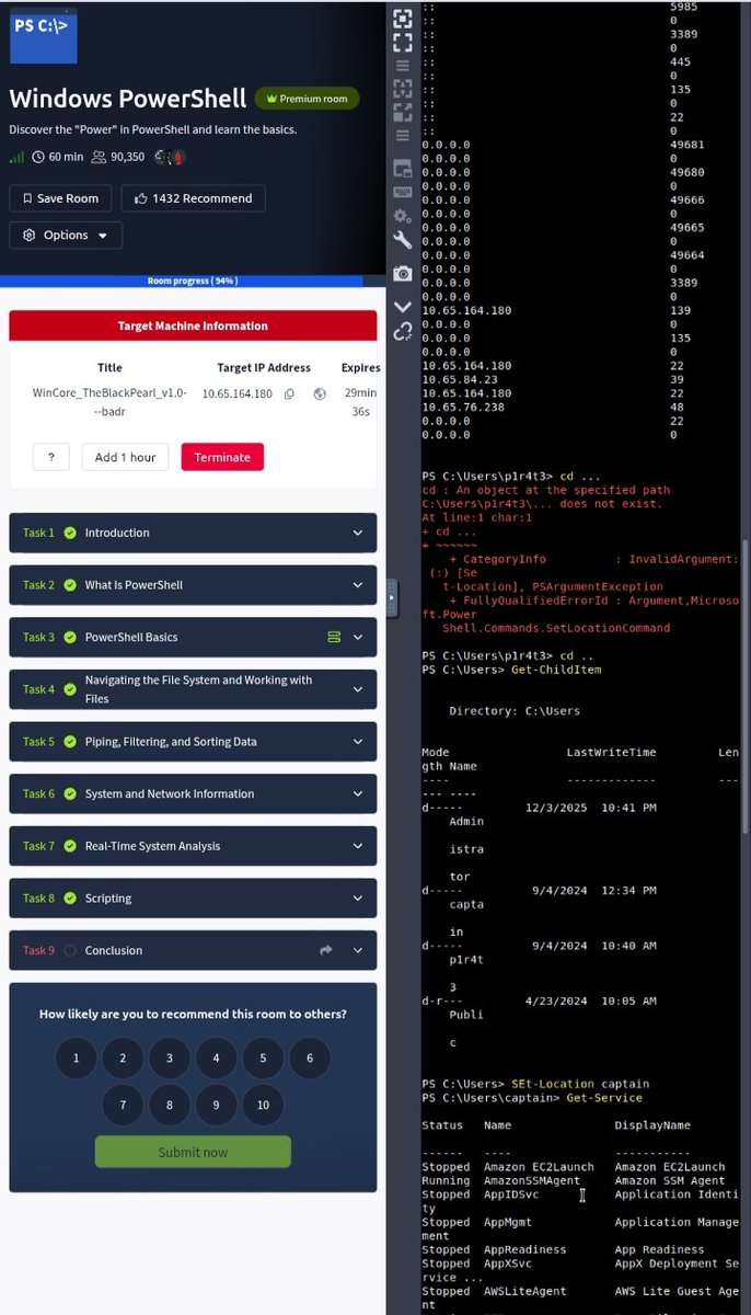 OluBusi_'s tweet image. Day 35 of #100DaysofCybersecurity
Room conquered ni to 2.🥱
Chronicles of a girl that spent hours on #AdventofCyber2025 Day 1 Side Quest.
No one told me it was that deep.😭

Piping has to be the new thing I learnt. Passes output to next cmdlet.
@ireteeh @skyletmoringa @segoslavia