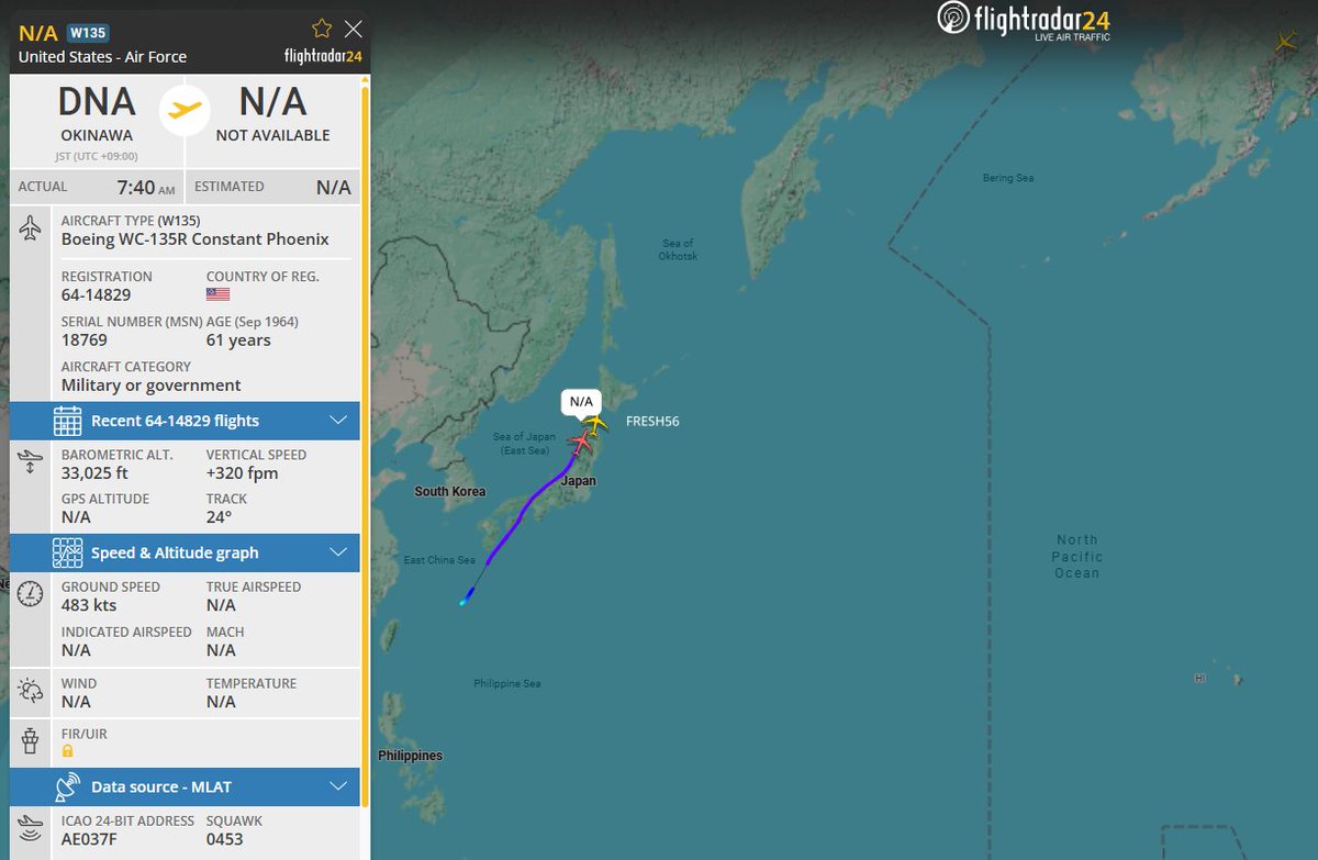 Constant Phoenix 64-14829 is currently Northbound over Japan and appears to be headed toward a rendezvous with KC-135 Fresh-56.  The Constant Phoenix is designed to gather airborne samples from nuclear tests and/or airborne particles from accidents involving nuclear material,