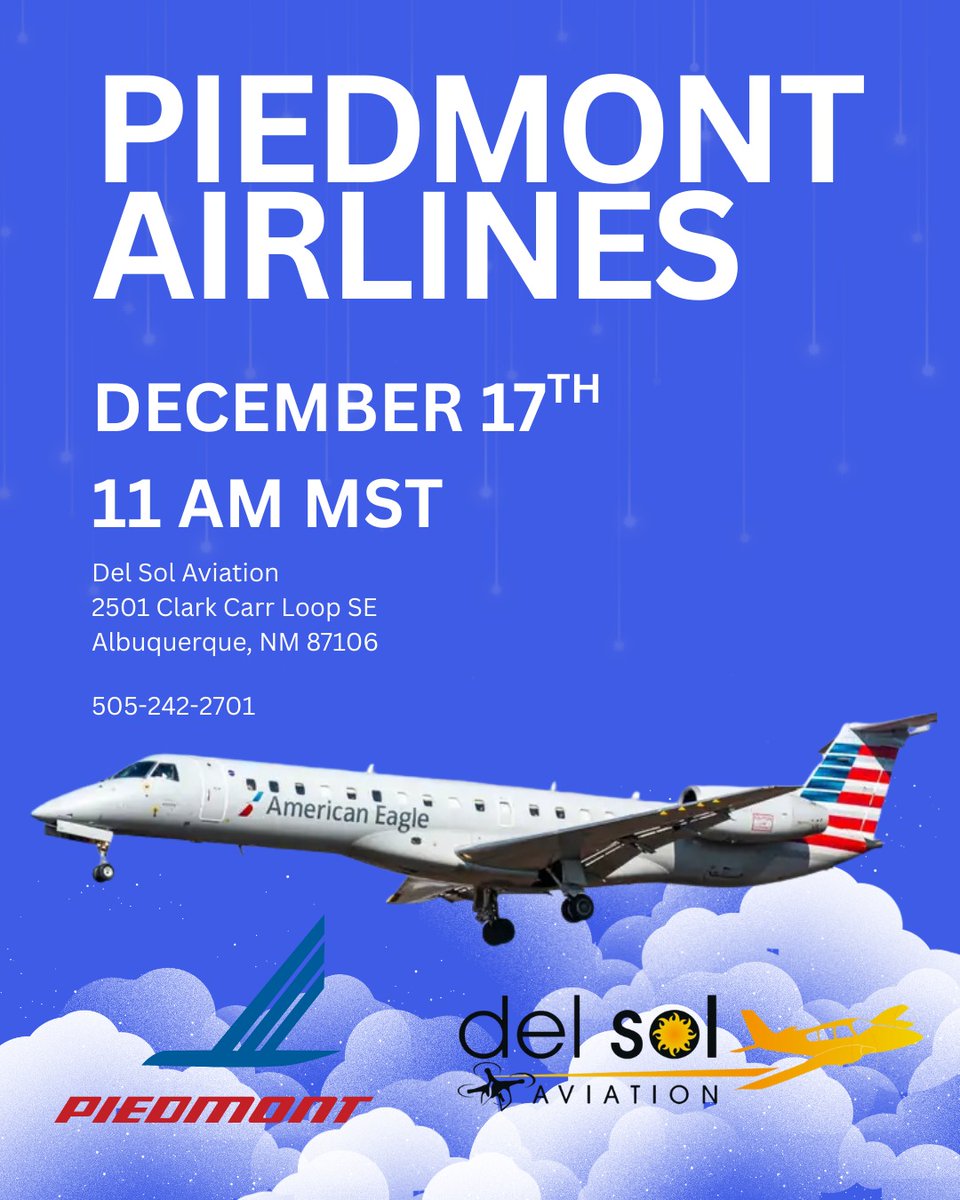 DelSolAviation's tweet photo. Future Piedmont Pilots, this one’s for you!

Piedmont  Airlines is coming virtually to Del Sol Aviation on December 17. Don’t  miss your chance to learn, network, and explore your path to the flight  deck!
See you at Del Sol for Piedmont and Pizza!! 
#pilotlife #flydelsol https://t.co/bovSketR7f
