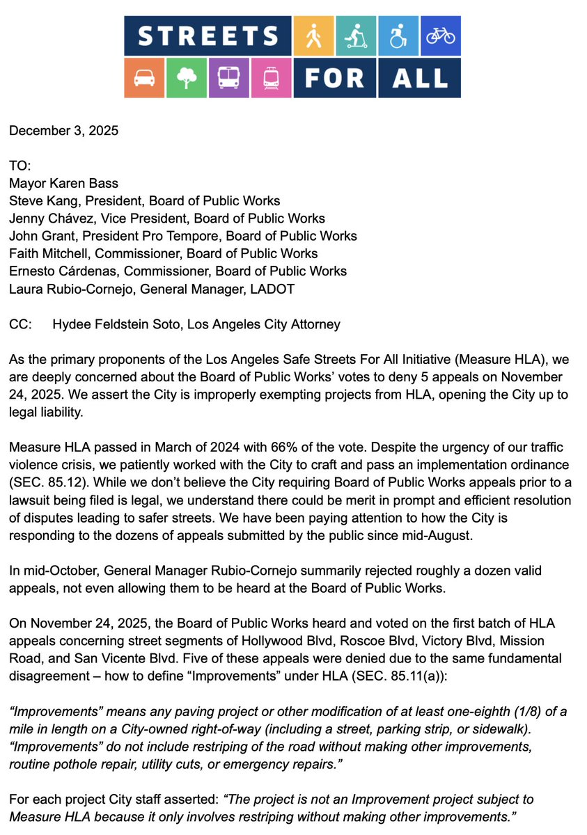 streetsforall's tweet image. Los Angeles is trying to avoid HLA by claiming that it is “restriping without making other improvements” when, in fact, it’s making many other changes across multiple projects.

This behavior must stop.

Read the letter we sent to the Mayor, LADOT, and the Board of Public Works