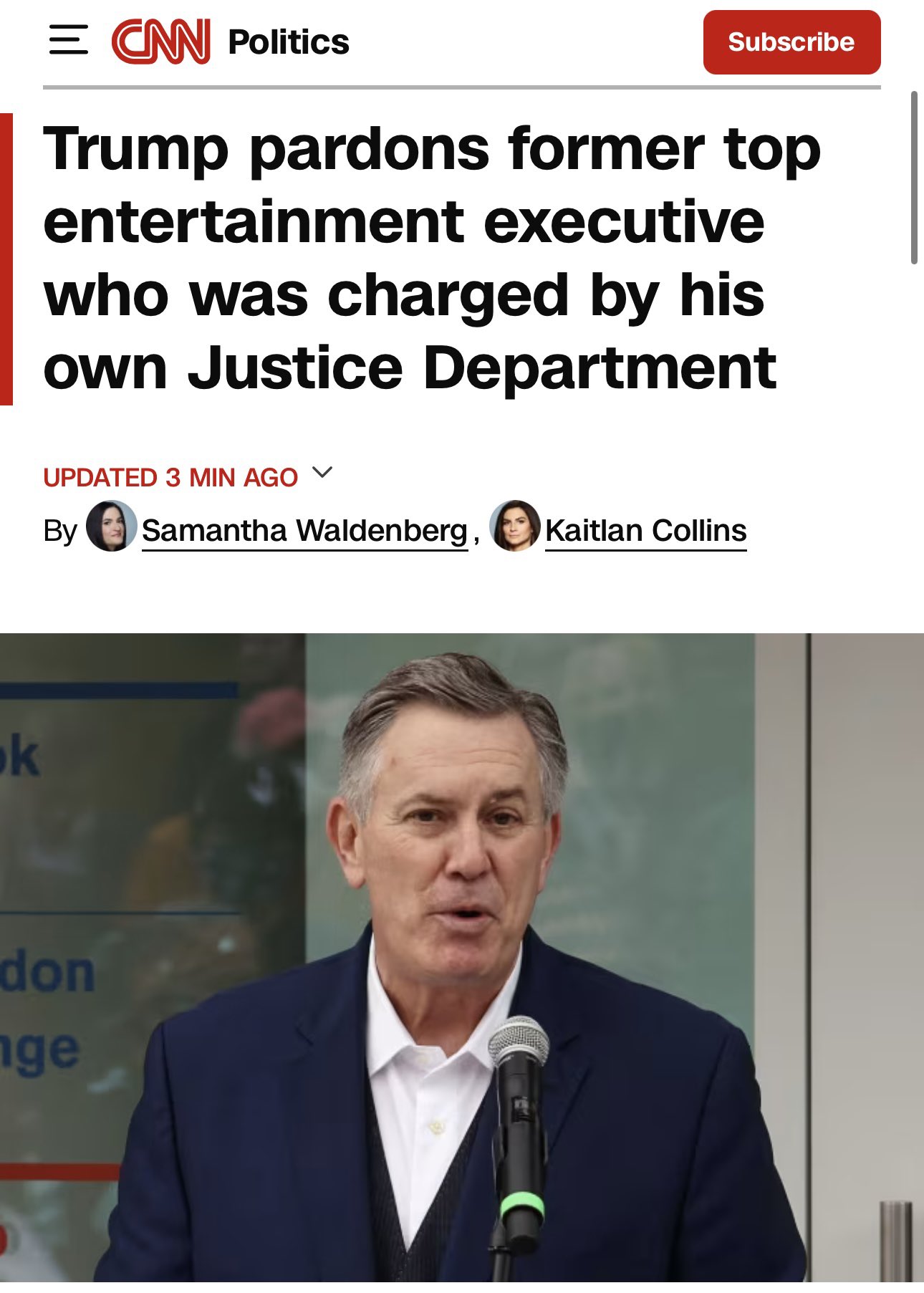 特朗普撤銷司法部貪腐案 高管萊維克獲無條件赦免