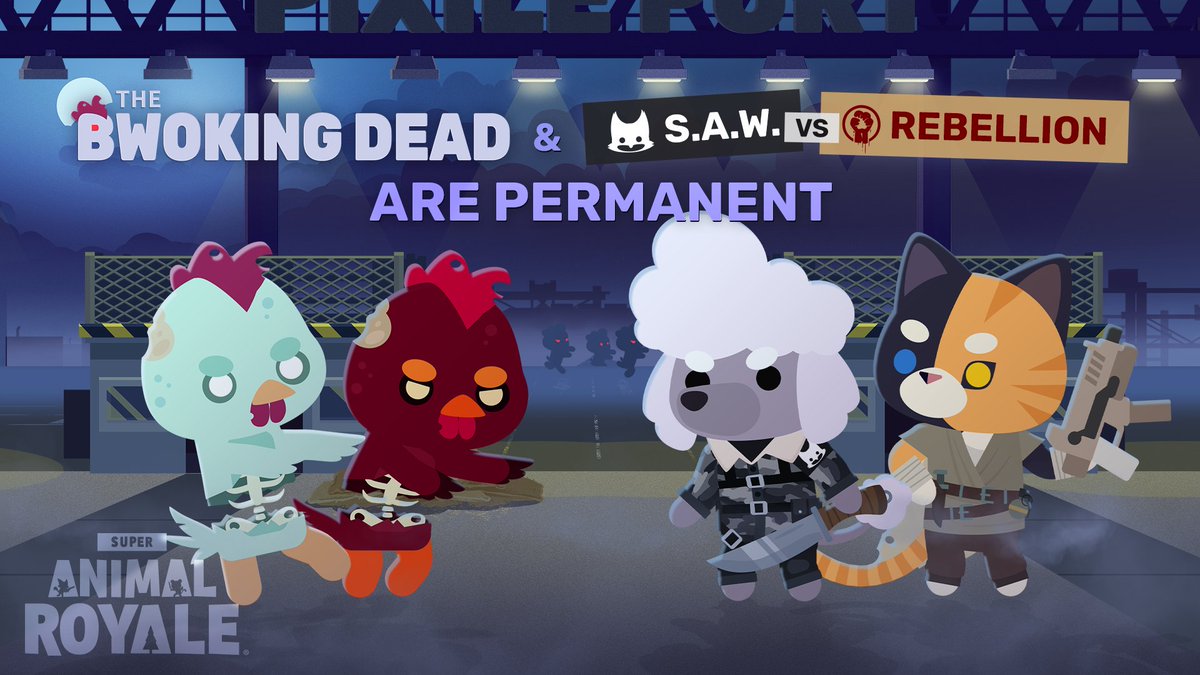 The Bwoking Dead and S.A.W. vs. Rebellion are becoming permanent game modes! 🎉

Queue for them at any time from the Super Animal World Social Hub, starting on Tuesday, December 9th