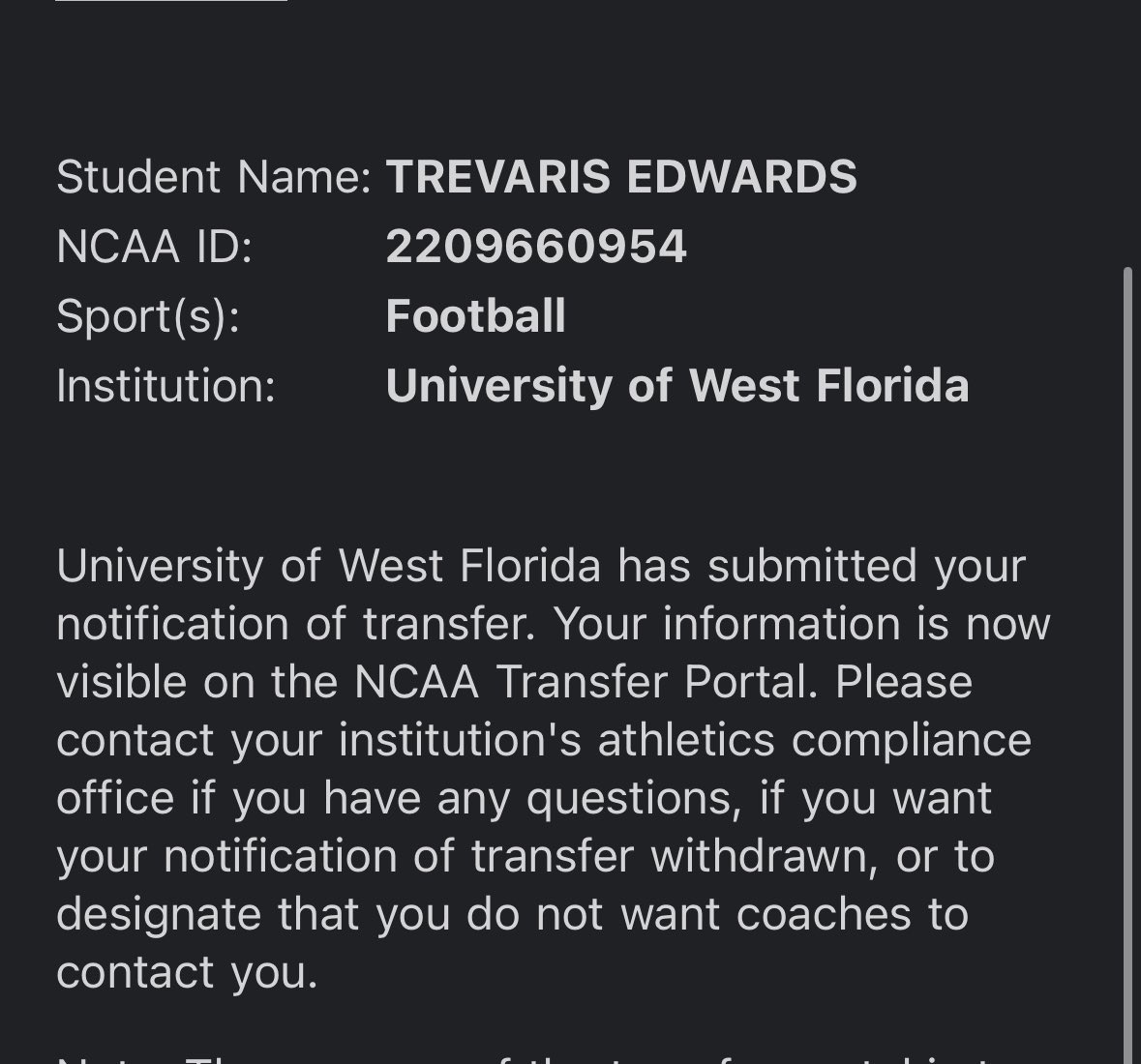 Trevarisedwards's tweet image. Grateful for my time at West Florida. After a lot of thought and prayer, I have decided to enter the NCAA Transfer Portal.

2 years of eligibility + redshirt year 
6’4 300lbs #60 Right Guard 
2nd Team All Conference 
22 pancakes
0 sacks

Open to all opportunities.