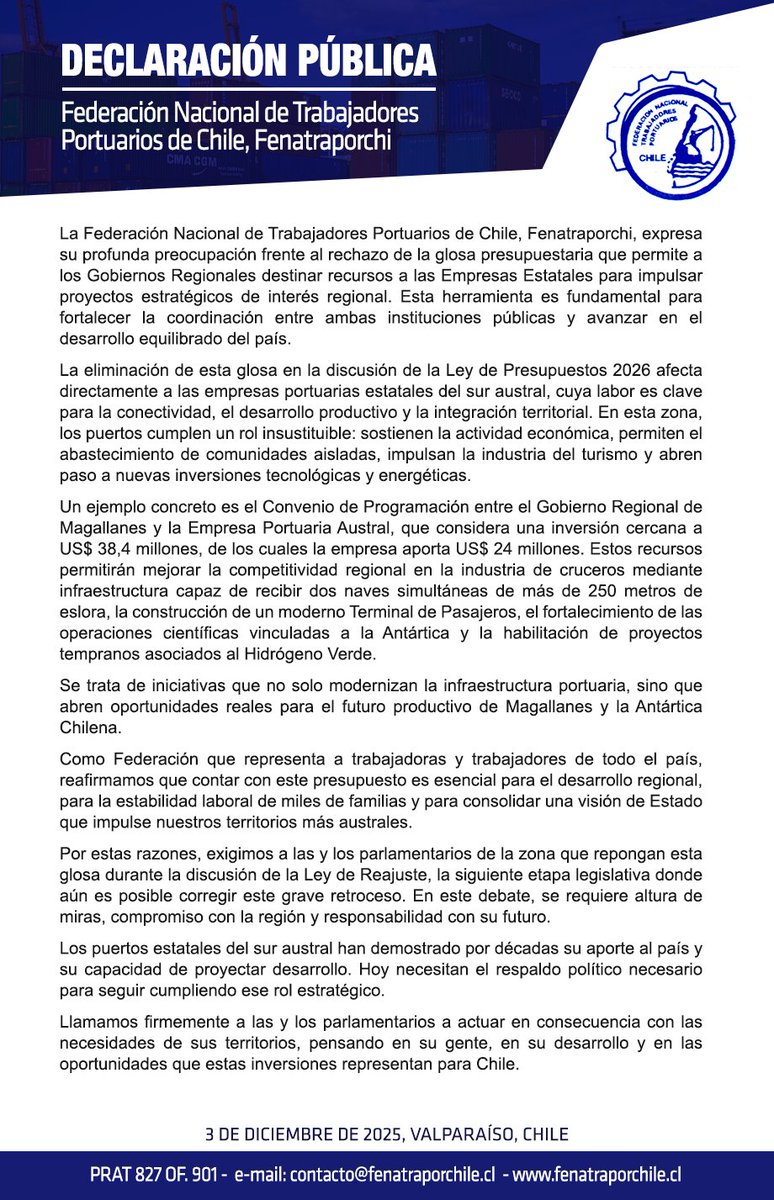 🔴Fenatraporchi exige reponer la glosa presupuestaria que permitía a los Gobiernos Regionales destinar recursos a empresas estatales. Su rechazo afecta proyectos clave para el desarrollo, la conectividad y el empleo en territorios estratégicos.

Lee aquí: fenatraporchile.cl/2025/12/03/fen…