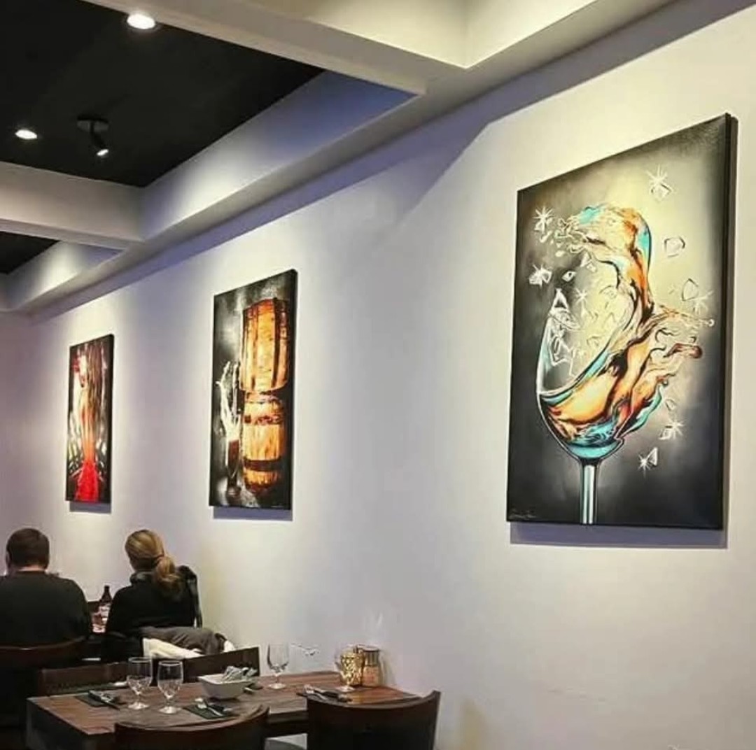 Some of my #wine and #beer art at Winning Ridge Winery (Find these and more on leannelainefineart.com) #restaurant #wineartist #holidayseason #wineart