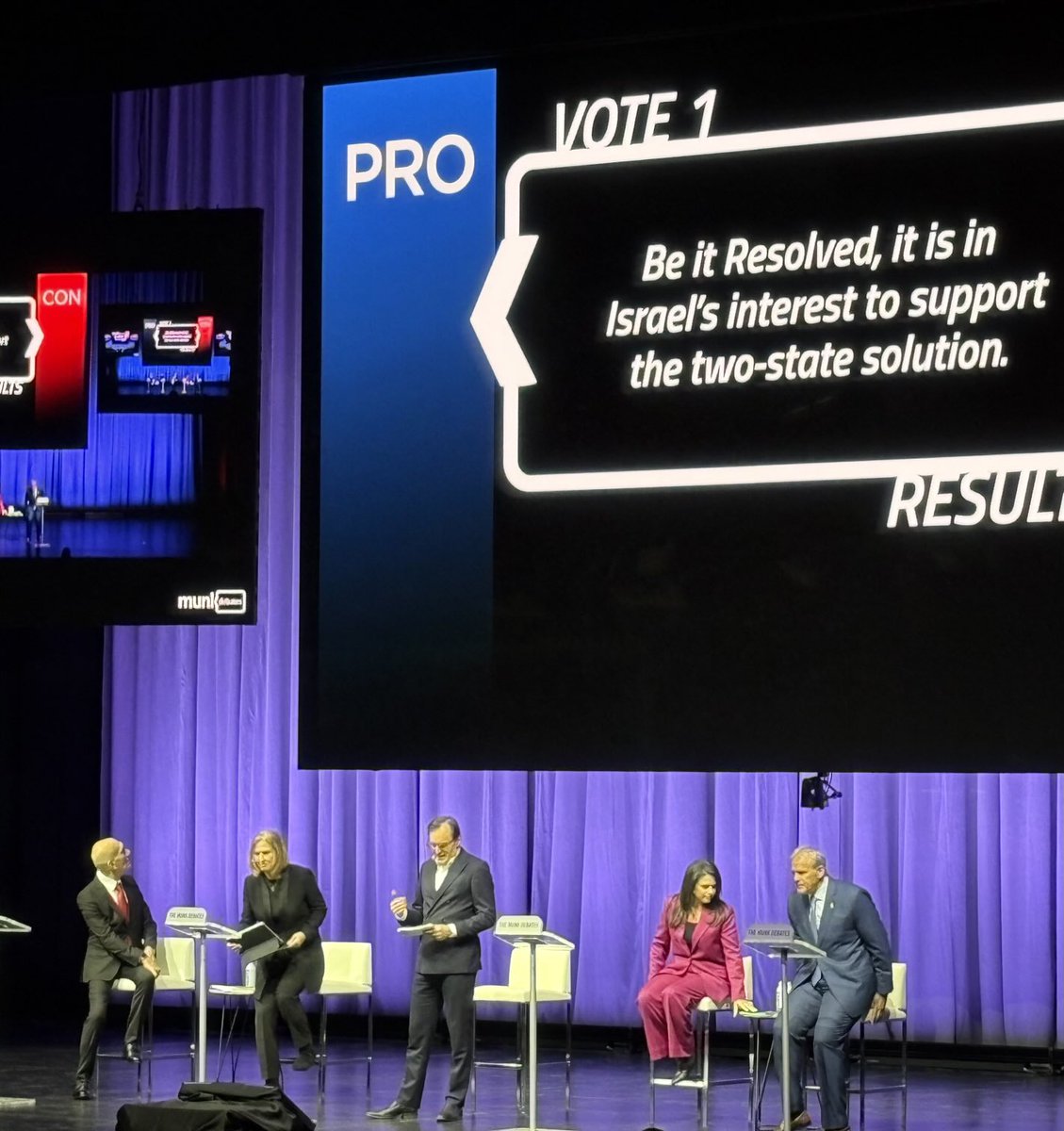 At the Munk Debate. Resolved: there should be a two state resolution to the Israeli-Palestinian conflict. Debaters: Ehud Olmert &amp; Tsipi Livni for 2 states vs Michael Oren &amp; Ayelet Shaked against this proposition. Of course, there are antiIsrael antiZionist demonstrators outside.