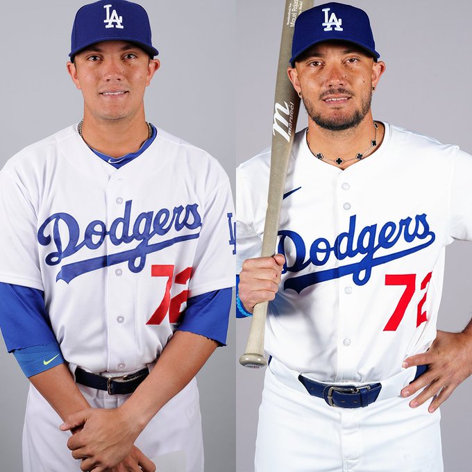 A split image of Miguel Rojas
Left: Miguel Rojas poses for a photo while wearing a white Dodgers uniform in 2014.
Right: Miguel Rojas poses for a photo while wearing a white Dodgers uniform in 2025.