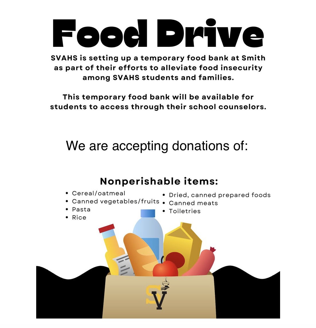 Just a friendly reminder that our food drive for Smith Vocational families is still underway! We are collecting non-perishable food and essential hygiene items to help our families in need during the holiday season.