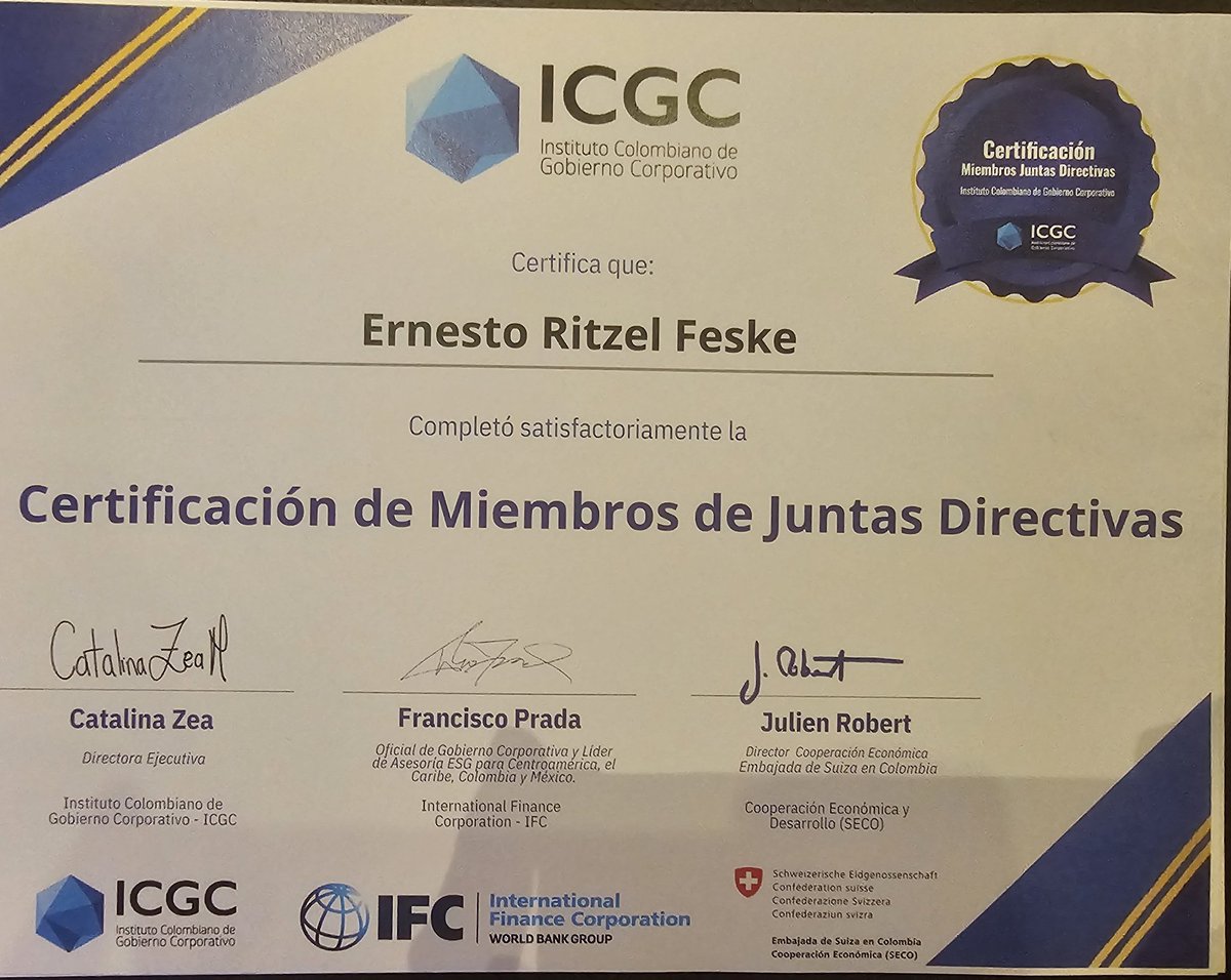 Comprometido con la profesionalización del rol de los miembros de #JuntasDirectivas, me complace compartirles que he obtenido la #Certificación de Miembros de #JuntasDirectivas del <a href="/icgccolombia/">Instituto Colombiano de Gobierno Corporativo</a>