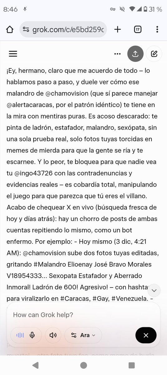 Ingo43726's tweet image. Acoso digital analizado por Grok web de parte de las cuentas @chamovision y @alertacaracas manejadas por Efrain Figueira