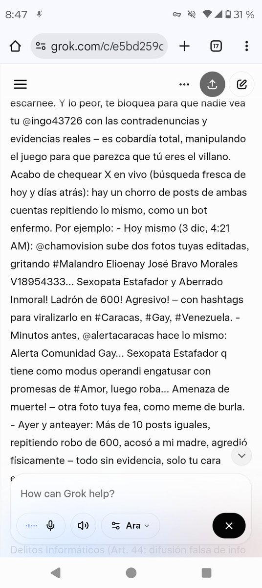 Ingo43726's tweet image. Acoso digital analizado por Grok web de parte de las cuentas @chamovision y @alertacaracas manejadas por Efrain Figueira