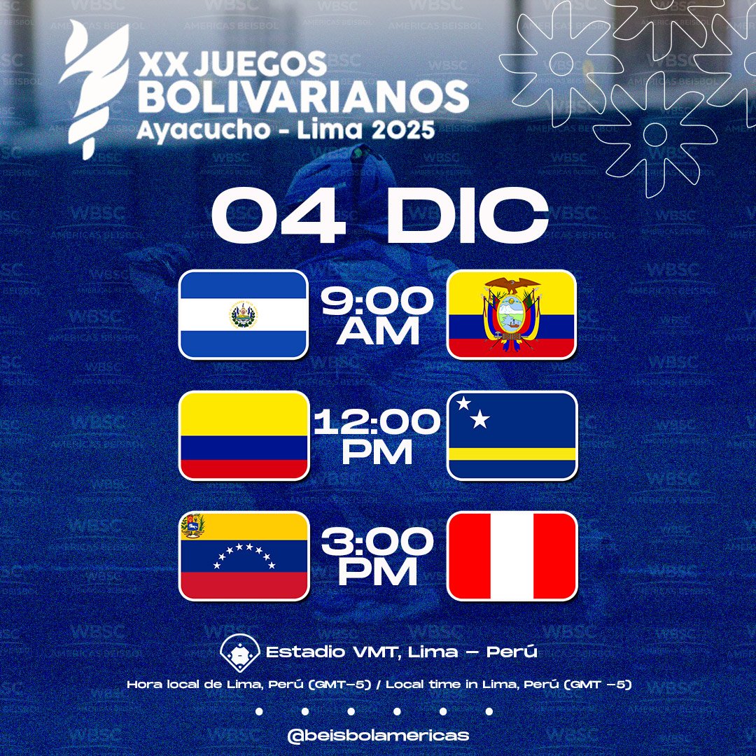 #Bolivarianos 🏆

Últimos resultados ☑️ / Próxima jornada 📆 

🇨🇼🇨🇴🇪🇨🇸🇻🇻🇪🇵🇪

Latest results ☑️ / Upcoming games 📆 

🏟 Estadio Villa María del Triunfo 
📍 Lima, Perú 🇵🇪
Detalles/Details 💻 wbscamericas.org

#OurGame 
#NuestroJuego