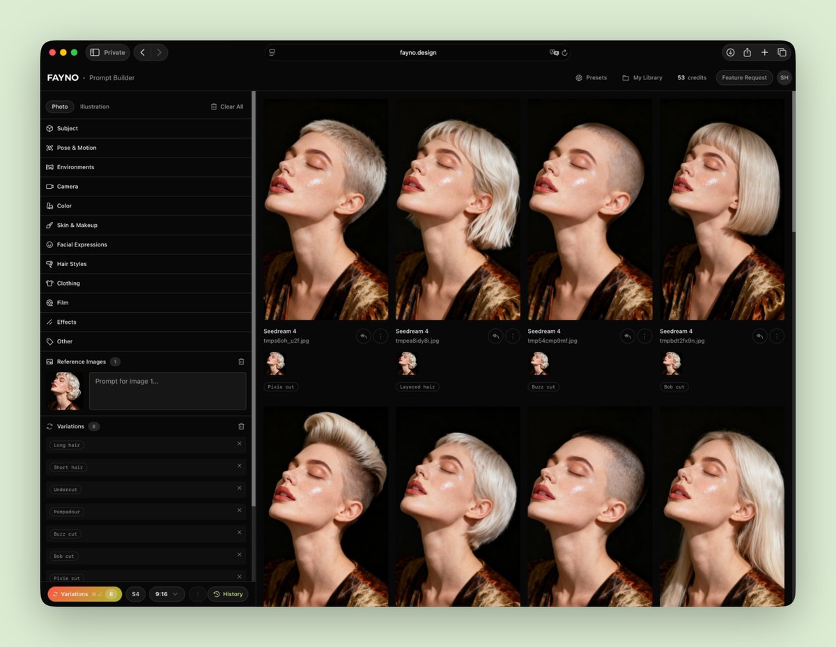 olexdsgn's tweet image. One shoted 10+ variations for hairstyles for the LP with Fayno. SO EXCITING

Pick image &amp;gt; Choose predefined hairstyles &amp;gt; Generate &amp;gt; Done

#buildinpublic #designtools