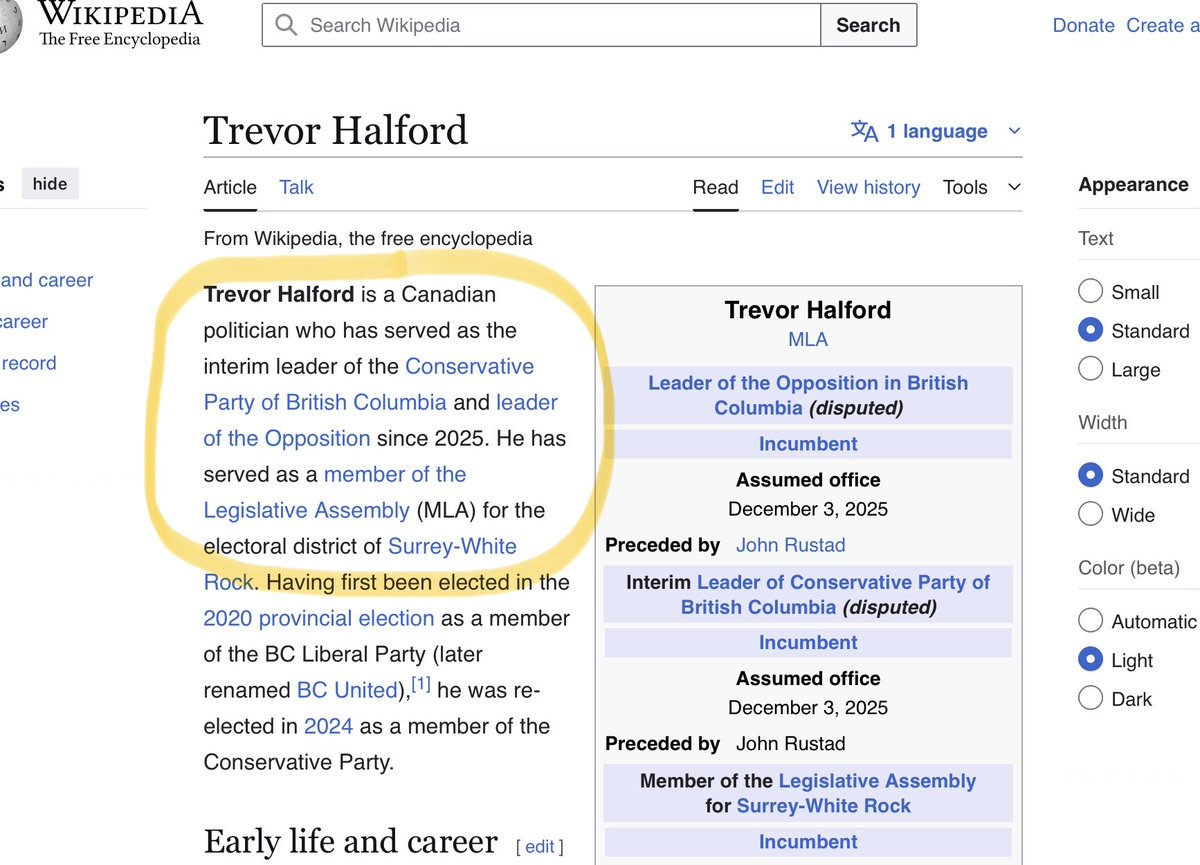 caroltreardon's tweet image. Trevor Halford wasted no time updating his Wikipedia page to say he’s the Leader of the Opposition and Leader of the B.C. Conservative Party… before the Speaker has ruled on the matter? #BCPoli #Rustad
