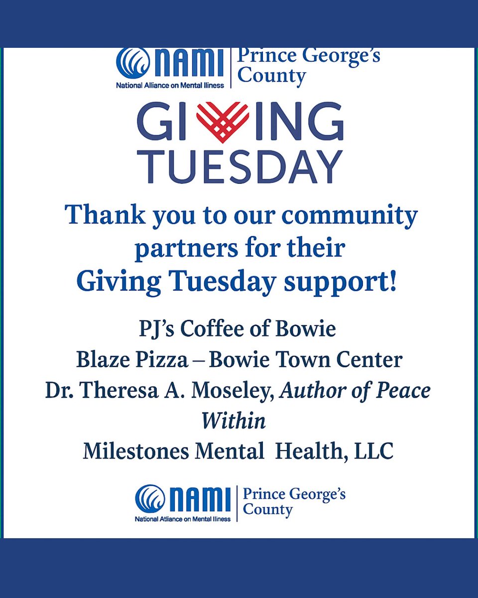 Big shoutout to PJ’s Coffee of Bowie &amp; Blaze Pizza – Bowie Town Center for powering our #GivingTuesday efforts! ☕🍕

Your partnership helps NAMI Prince George’s County expand free mental health programs in our community.
#SupportLocal #NAMIPGC