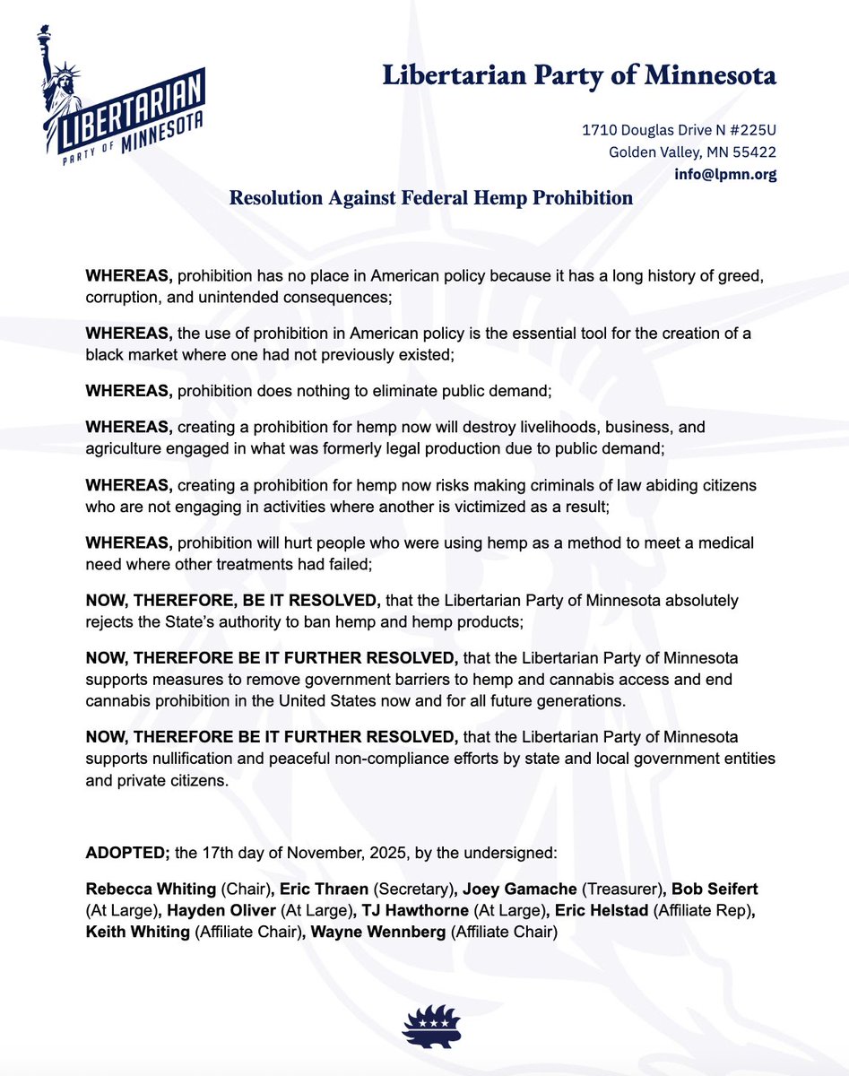 The Libertarian Party of Minnesota supports nullification and peaceful non-compliance efforts by state and local government entities and private citizens.