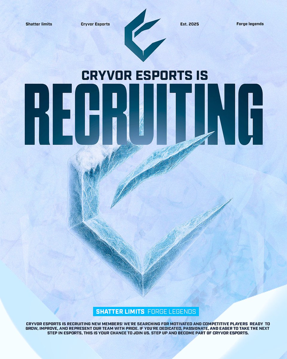 CryvorEsports's tweet photo. WE’RE HOSTING TRYOUTS

NEED 2 FEMALE CoD PLAYERS 🔥❄️
Join us for this year’s CoD season.

Current roster:
1️⃣ @mootmootxxiii 
2️⃣ @ellicyyy 

Looking for icy comms, cold-blooded aim, and a locked-in mindset.
DM or comment below to try out. ❄️🩵 https://t.co/ClMpzmYeo3