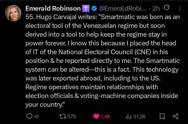 PatriotForgeUSA's tweet photo. 🚨 BOMBSHELL FROM INSIDE A PRISON 🚨
Fomer Venezuelan 3-Star General & Intelligence Chief Hugo Carvajal Barrios just dropped a deathbed-level warning to every American from behind bars:
“The Maduro regime is a NARCO-TERRORIST CARTEL that has declared WAR on the United States.”
Their weapons?
- Tren de Aragua gangs
- Flooding America with poison drugs
- Espionage
- And the most dangerous: “Your own elections.”
Carvajal confesses:
“I personally installed the IT head of Venezuela’s election council. Smartmatic (the core code behind Dominion, ES&S, Hart InterCivic) was CREATED to rig votes for Chávez… then EXPORTED to the USA. Regime operatives still have backdoors and relationships inside U.S. election companies. Elections CAN be stolen—and have been.”
He ends with this gut punch:
“Trump’s maximum pressure campaign wasn’t aggression… it was self-defense against an enemy already inside our walls.”
Maduro is not a president. He’s a cartel boss who’s been at war with us for decades.
The war is real.
The whistleblower is real.
The threat is real.
Tag every patriot. Repost like America’s future depends on it—because it does.
#VenezuelaExposed #SmartmaticScandal #TrenDeAragua #ElectionFraud #TrumpWasRight #AmericaUnderAttack
@realDonaldTrump @TuckerCarlson @DC_Draino @JackPosobiec @CharlieKirk11 @bennyjohnson @libsoftiktok @Kash_Patel @GenFlynn @LauraLoomer @EmeraldRobinson @catturd2 @EndWokeness @MarioNawfal @CollinRugg
RT if you’re done letting enemies vote-rig our country! 🇺🇸🔥