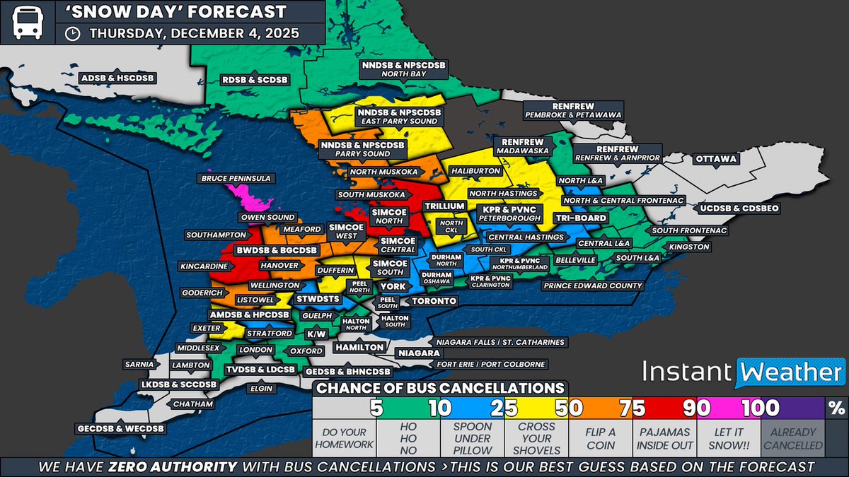 IWeatherON's tweet image. #ONStorm #ONwx 🚌 ‘Snow Day’ Forecast: Snow Squalls Threaten Widespread School Bus Cancellations in Southern Ontario’s Snowbelt on Thursday

📅 Thursday, December 4, 2025

⤵️ VIEW TOMORROW'S FORECAST HERE ⤵️
🔗 instantweatherinc.com/article/ontari…

Disclaimer: Instant Weather has zero