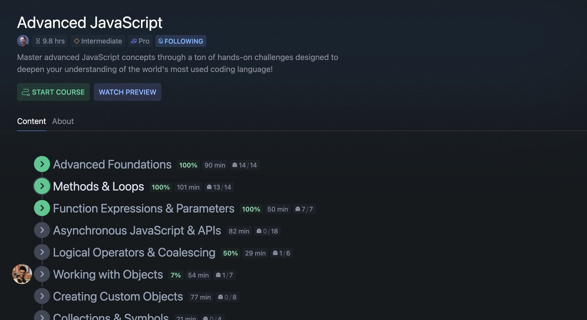 codeharmann's tweet image. Day 144 of Coding

I&apos;m close to completing the Essential JavaScript Concepts in the frontend path from @scrimba.

I&apos;ve learned about constructors, classes, methods, and more.

The Essential JavaScript module in the frontend path is closely connected with the Advanced JavaScript…
