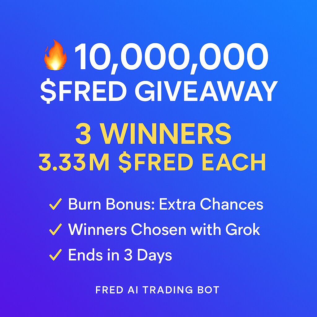 0xerison's tweet image. 🎉 10,000,000 $FRED GIVEAWAY 🎁
Celebrating Burn to Reduce Fees + Smart Alerts!
3 winners → 3.33M $FRED each (~$1,000 total)

How to join:
1️⃣ Follow me + @alertfriendbot1
2️⃣ Like + RT
3️⃣ Tag 2 friends

🔥 Burn Bonus (optional)
Burn $FRED during the event = extra chances…