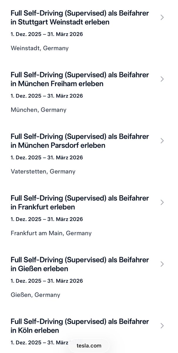 NEWS: Tesla FSD Demofahrten können ab sofort bis Ende März 2026 gebucht werden 🔥🙏🏻

>> tesla.com/de_ch/events/f…