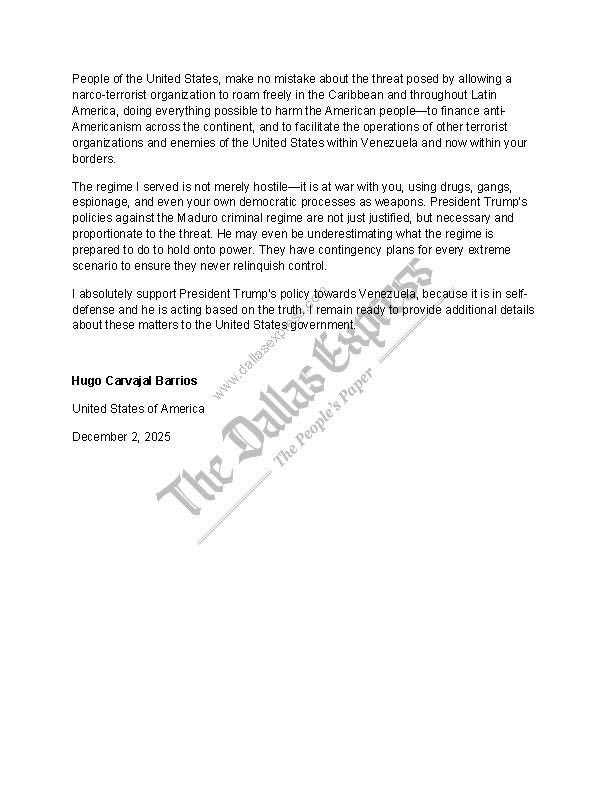 Hugo “El Pollo” Carvajal, ex jefe de inteligencia del chavismo, le reveló al presidente Trump información clave:

1.El Cártel de los Soles enviaba drogas a EE.UU. como parte de un plan deliberado impulsado por Cuba.

2.Fue testigo de cómo el régimen chavista creó y financió al