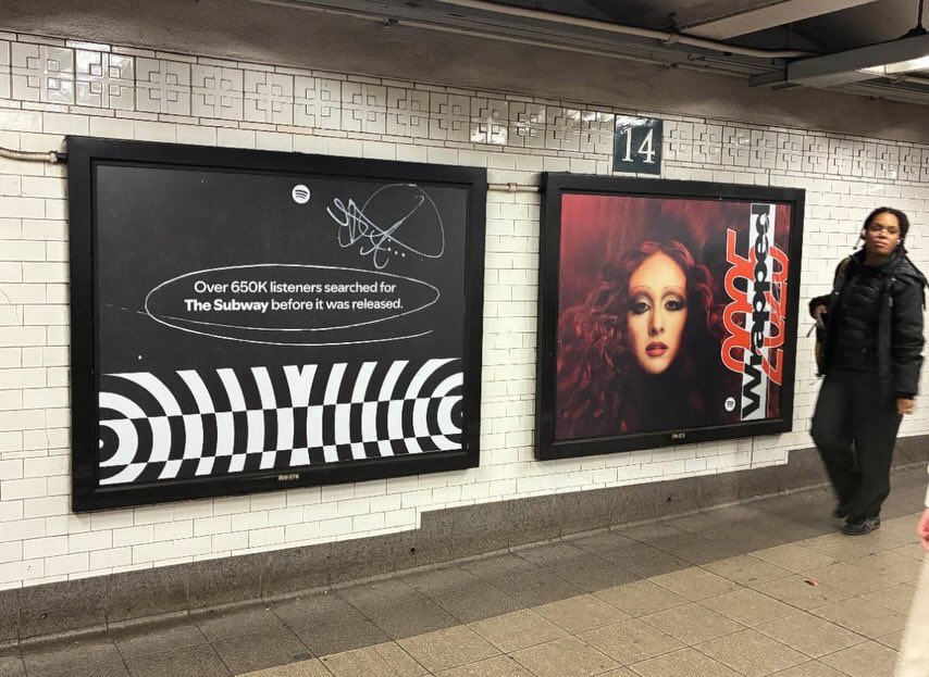dailyroan's tweet photo. another look at spotify’s chappell roan promo for wrapped 2025 at union square subway station in new york city! https://t.co/4A3PIH9XVJ