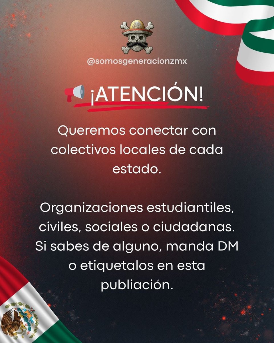generacionz_mx's tweet image. 📢 ATENCIÓN

Buscamos conectar con colectivos locales de cada estado: estudiantiles, civiles, sociales y ciudadanos.

Si conoces alguno, etiquétalo o mándanos DM 🏴‍☠️

#GenZMéxico #14D #14deDiciembre #colectivos #generaciónz #México