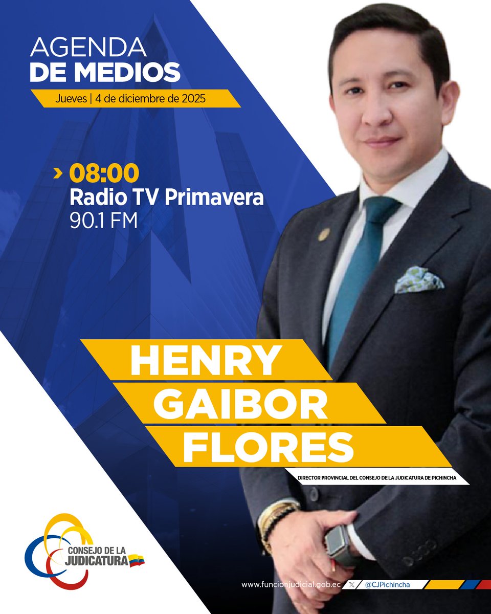 🎙️| #CJPichinchaEnMedios

Este 4 de diciembre, a las ⏰ 08:00, sintoniza Radio TV Primavera en 90.1 FM o mira en su Facebook Live.

El director provincial del <a href="/CjPichincha/">CJPichincha</a>, <a href="/HenryGaiborF/">Henry Gaibor F.</a>, abordará la atención judicial ante casos de #ViolenciaDeGénero.

#RecuperamosLaJusticia ⚖️