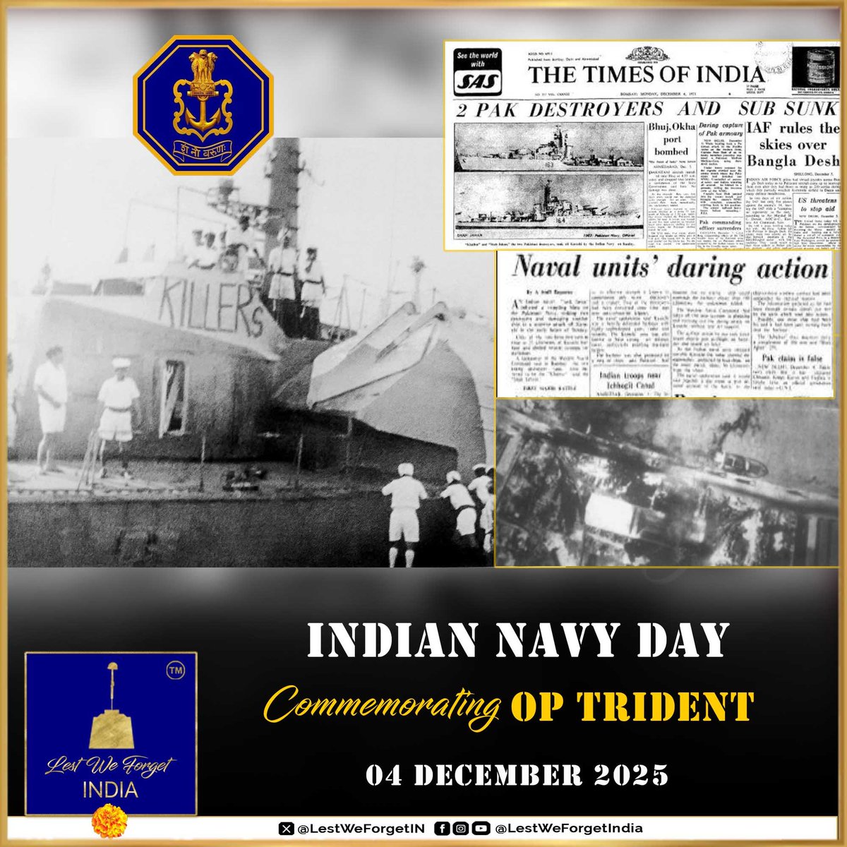 LestWeForgetIN's tweet image. Greetings to all on #NavyDay2025 

#OnThisDay 04 December in 1971, Missile Boats of 22 Missile Vessel &apos;Killer&apos; Sqn of @indiannavy struck Karachi Harbour  

#LestWeForgetIndia🇮🇳 the gallant #IndianBraves who took part in #OpTrident Commemorating their feat as #NavyDay 🏵️