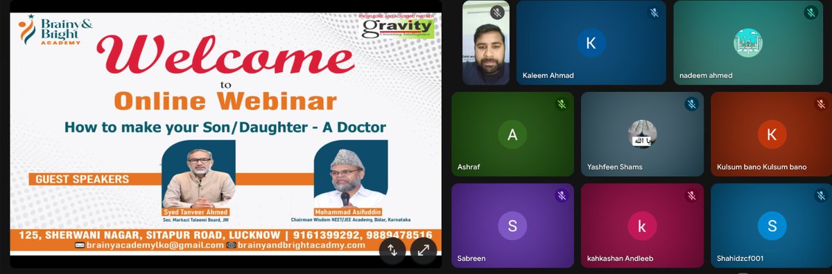 Brainy &amp; Bright Academy, Lucknow, held a successful webinar on 2 Dec 2025 with 110+ parents and guardians.
Expert speakers Mohammad Asifuddin (Wisdom NEET/IIT Academy) and Syed Tanveer Ahmed — shared practical guidance on NEET prep, study discipline, and early foundation planning