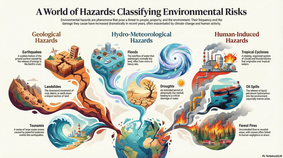 Standard classification of Natural &amp; Man-made Hazards 
- Geological (Earthquakes, Tsunami, Landslides)
- Hydro-Meteorological (Floods, Cyclones, Droughts)
- Anthropogenic (Industrial, Oil spills, Forest fires)

 #CivilServices #geography #UPSC2026  #DisasterManagement