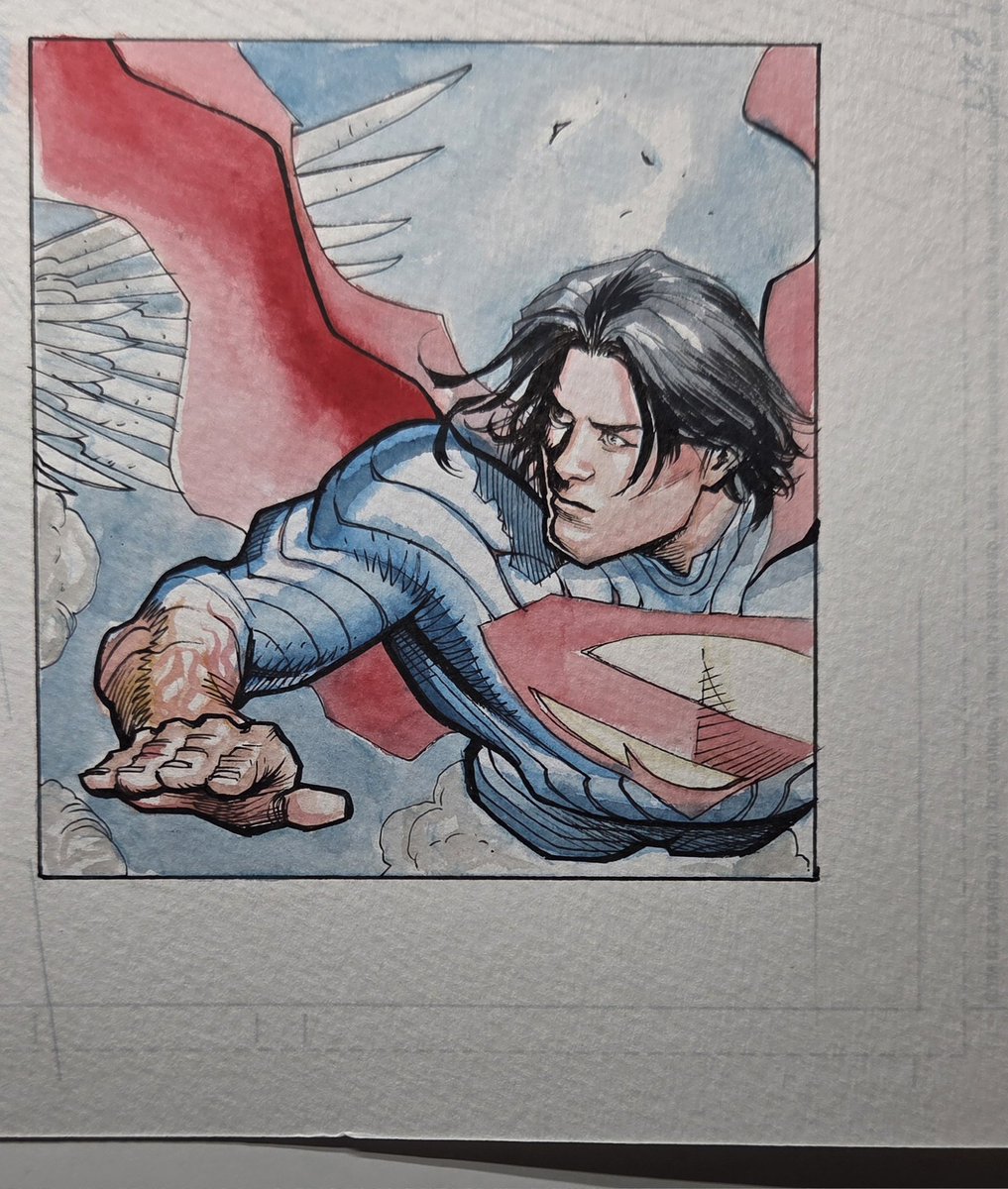 inking and coloring an Absolute Superman page. inks and watercolors.