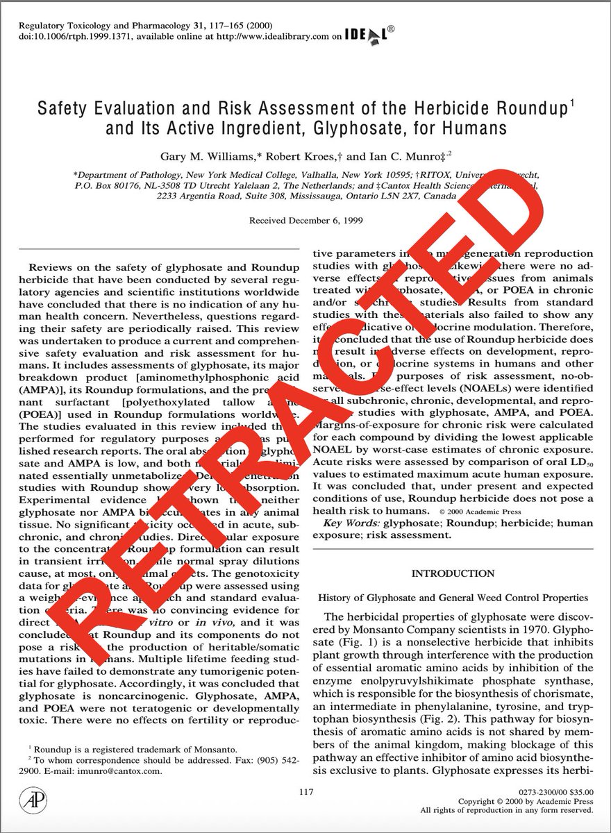 MaryanneDemasi's tweet image. 🚨Journal retracts landmark glyphosate paper after 25 years
The journal has retracted a review that Monsanto used to defend the safety of its herbicide Roundup. It now says the review’s conclusions are no longer credible.

LINK BELOW👇👇 
#MonsantoPapers
@WisnerBaum…