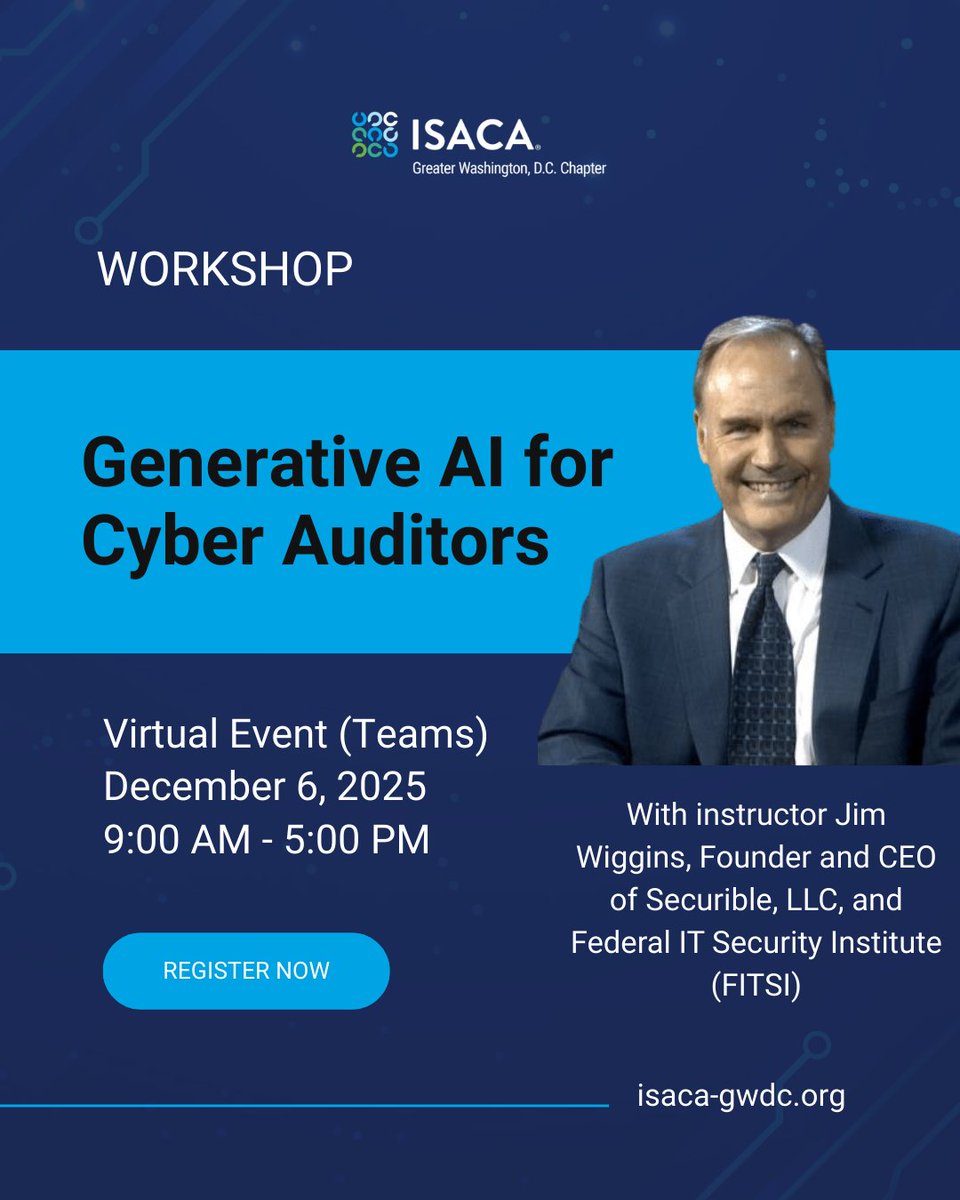 📢 It's not too late to register for our upcoming workshop on December 6, 2025!

Join ISACA GWDC for "Generative AI for Cyber Auditors"

📅 Date: December 6, 2025
🕘 Time: 9:00 AM – 5:00 PM ET
💻 Location: Virtual (Teams)

Learn more and register here: bit.ly/4pn0DDi