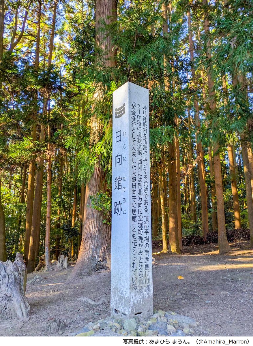 【日向館跡】
宮城県涌谷町涌谷にある遺跡。箟岳丘陵の南端部に位置し、「神明社(妙見宮)」の境内も含む。掘立柱の建物跡や塀跡等が発見された。また周辺の遺跡には土塁状の痕跡が確認されており、それらを含めて小田郡における役所跡や軍事・行政機関跡などの重要施設である可能性が指摘されている。