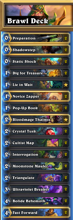 Got a few 6 win runs in the new dual class brawliseum with asteroid quest rogue with shaman cards. Felt pretty good but I'm not sure about fast forward as I rarely needed to play it so maybe that would be better as a cheap spell like backstab or something.