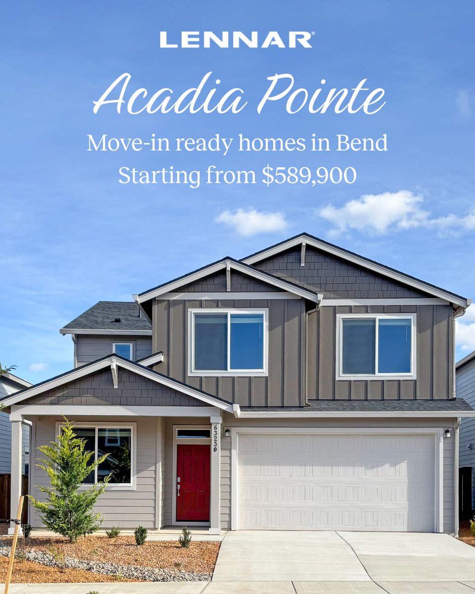 LennarPortland's tweet photo. Your Bend home awaits! Discover four-bedroom homes at Acadia Pointe with Lennar’s Everything’s Included®—from designer finishes to thoughtful details. Starting at $589,900, don’t miss your chance to move in!

📞 855-768-1675
🔗 https://t.co/oKFSYOlKzE https://t.co/fCDdnLfJBS