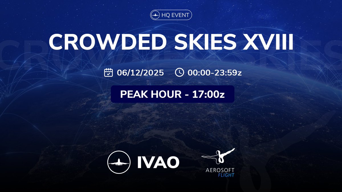 IVAO presenta la XVIII edición de Crowded Skies, este 6 de diciembre de 2025.

Un evento global que llenará los cielos de actividad con miles de vuelos online y cobertura ATC en decenas de países.

Prepárate para vivir lo mejor de IVAO.

-
-
-

#ivao #ivaocl #chile #sim