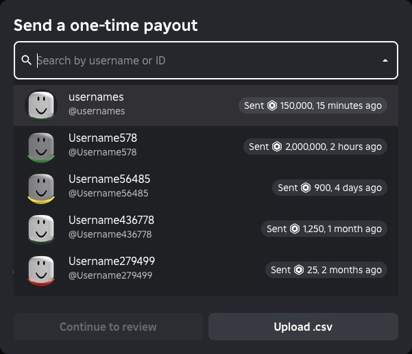 Bloxy_News's tweet image. Roblox has released a bunch of new updates to managing Group Payouts, including sending to multiple users with CSV files, additional management permissions, and more.

You can also now transfer an experience from one Group to another Group.

devforum.roblox.com/t/4114133