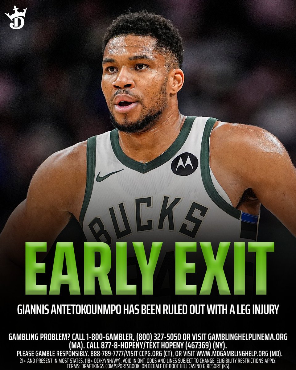 DKSports's tweet photo. Giannis Antetokounmpo has officially been ruled OUT after leaving the game in the 1st Half with an injury ❌

We've got your back... Early Exit will honor all qualifying bets and withdrawable cash credits will be distributed within 24 hours 🤝 https://t.co/KlNXbdHp0w